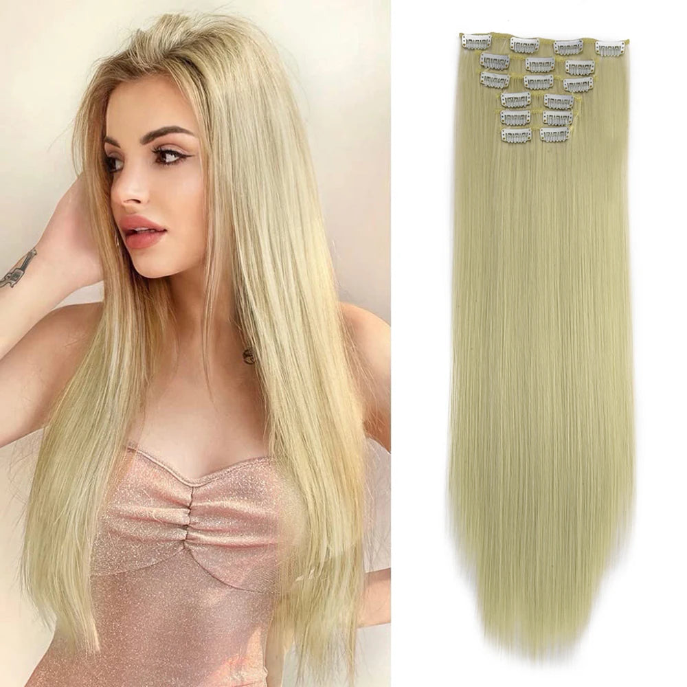 Black Hair Extensions | 24-Inch 6-Piece | Long Straight Synthetic 16 Clips
