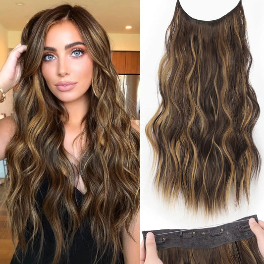 22-Inch Invisible Wire Hair Extensions | 4-Clips Natural Synthetic Long Wavy