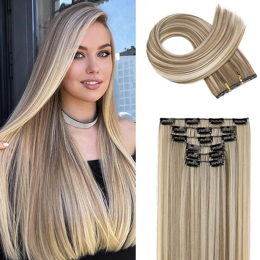 Black Hair Extensions | 24-Inch 6-Piece | Long Straight Synthetic 16 Clips