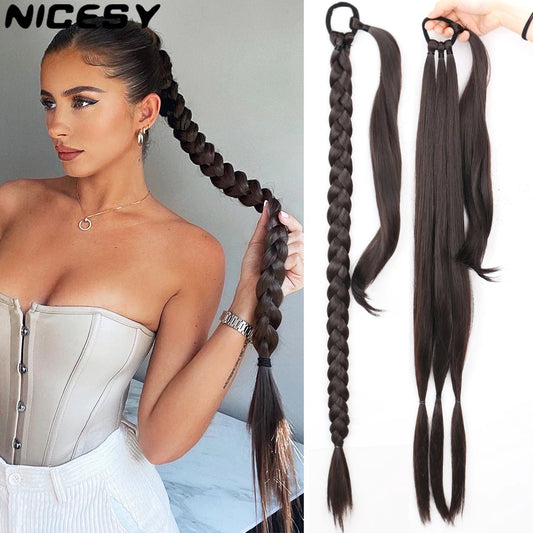 Synthetic Braided Ponytail Hair Extensions | Black Natural Long Tie Rubber Band